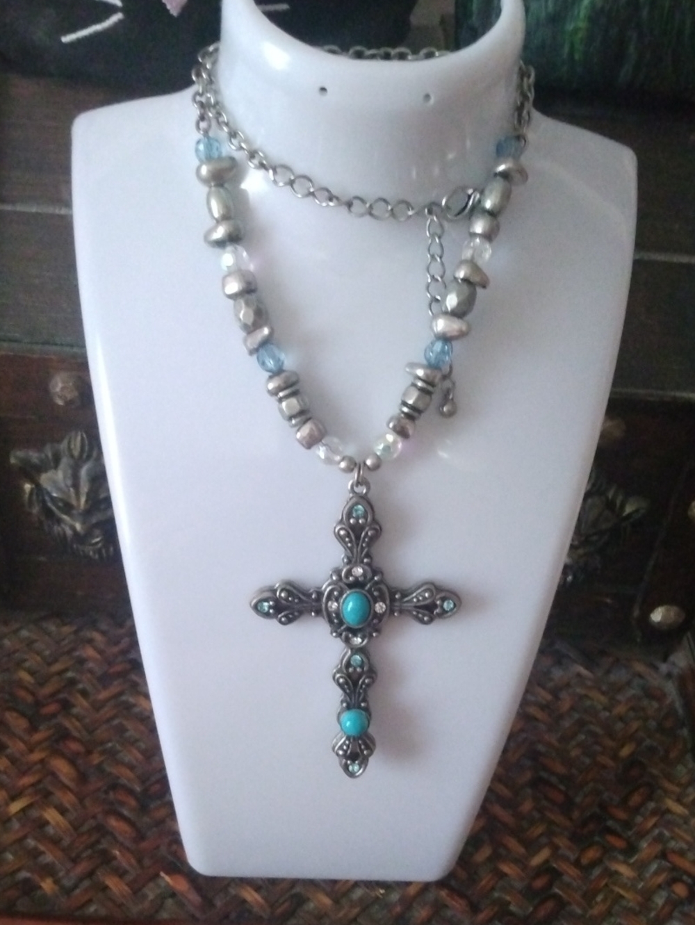 Silver-Tone Cross Necklace with Turquoise Accents - Women Jewelry